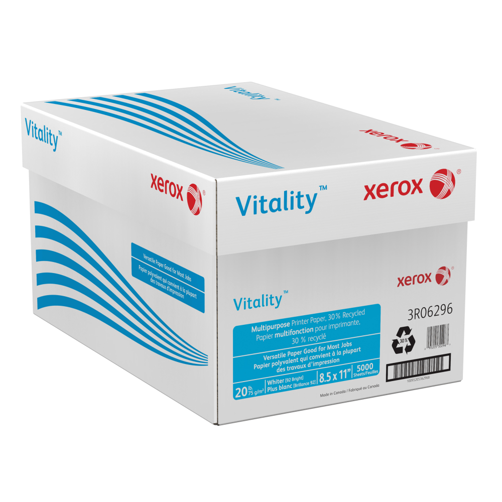 Xerox Vitality Multi-Use Printer & Copy Paper, White, Letter (8.5in x 11in), 5000 Sheets Per Case, 20 Lb, 92 Brightness, 30% Recycled, FSC Certified, Case Of 10 Reams