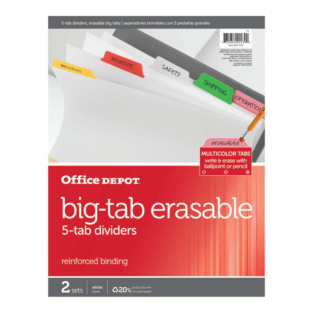 Office Depot Brand Erasable Big Tab Dividers, 5-Tab, Multicolor, Pack Of 2 Sets