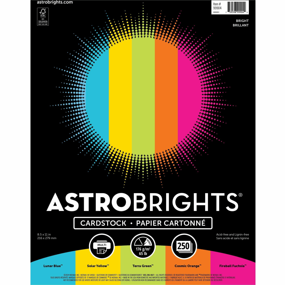 Astrobrights Color Card Stock - 5 Assorted Colours - 8 1/2in x 11in - 250 / Pack - High-impact, Durable, Printable, Acid-free, Lignin-free - Lunar Blue, Solar Yellow, Terra Green, Cosmic Orange, Fireball Fuchsia