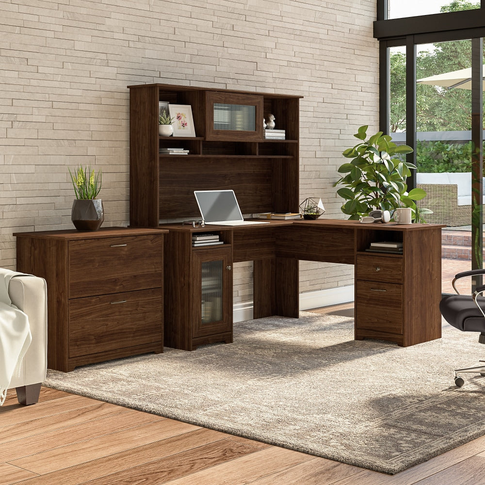 Bush Furniture Cabot 60inW L-Shaped Computer Desk With Hutch And Lateral File Cabinet, Modern Walnut, Standard Delivery