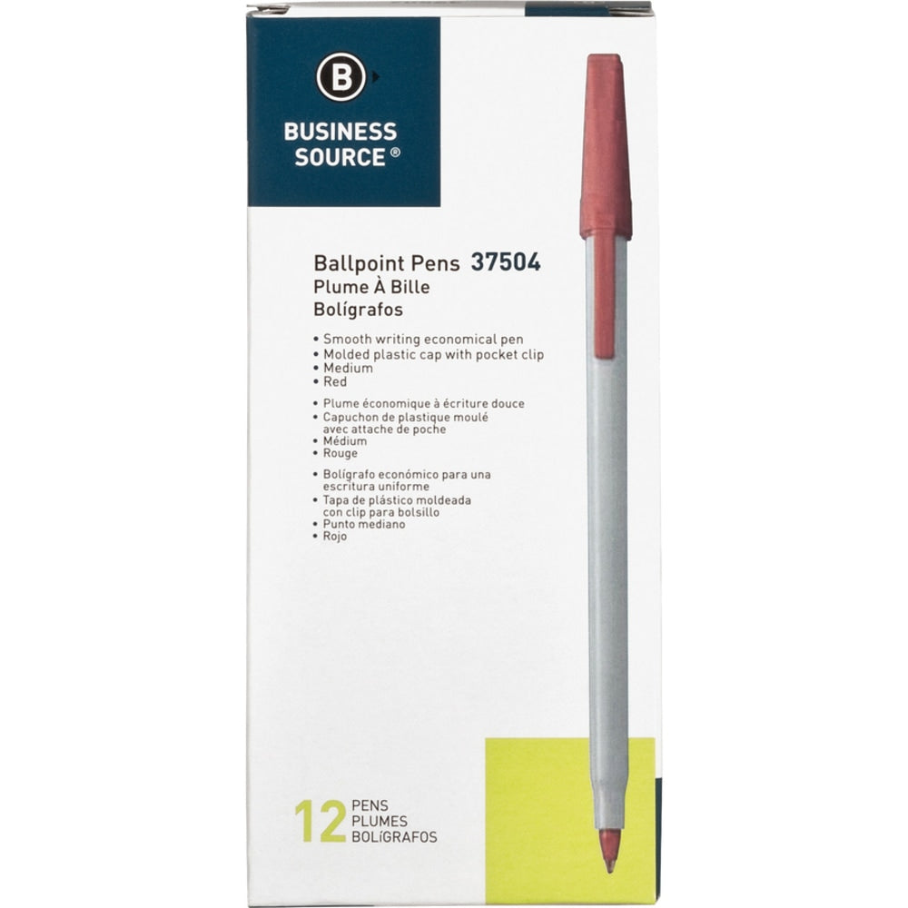 Business Source Ballpoint Stick Pens, Medium Point, Light Gray Barrel, Red Ink, Pack Of 12 Pens