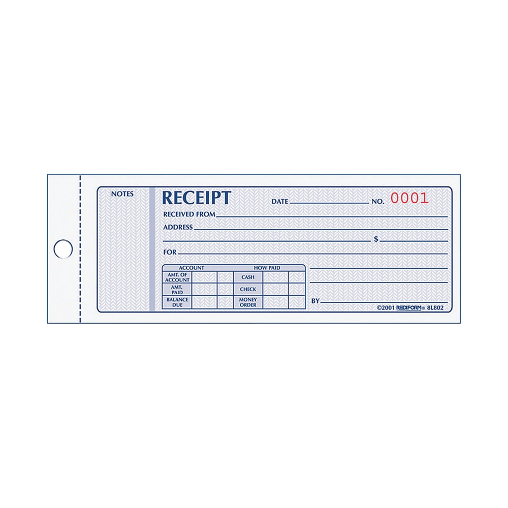 Rediform Money Receipt Collection Forms - 100 Sheet(s) - 2 PartCarbonless Copy - 7in x 2 3/4in Sheet Size - Assorted Sheet(s) - Black Print Color - 1 Each