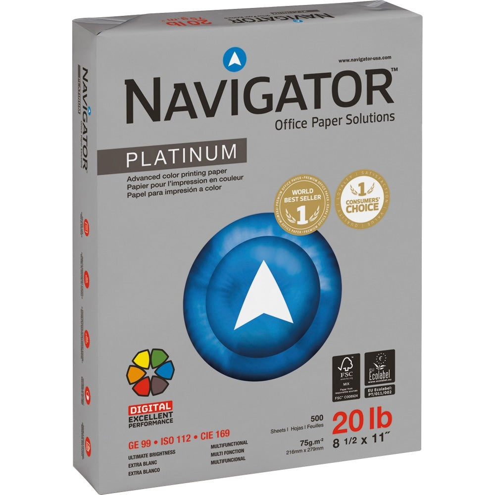 Navigator Platinum Office Multi-Use Paper, Letter Size (8 1/2in x 11in), 20 Lb, Smooth, Bright White, Carton Of 5,000 Sheets