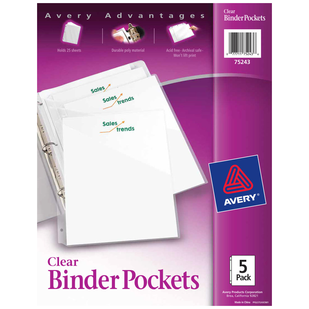 Avery Binder Pockets For 3 Ring Binders, Clear, Pack Of 5 Binder Pockets