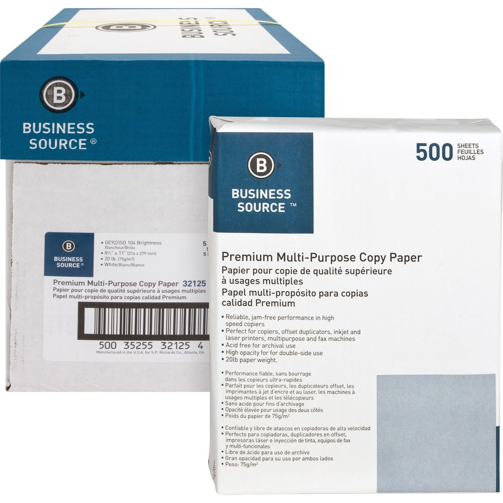 Business Source Premium Multi-Use Printer & Copy Paper, Letter (8.5in x 11in), 2500 Sheets Per Case, 20 Lb, 92 Brightness, Case Of 5 Reams