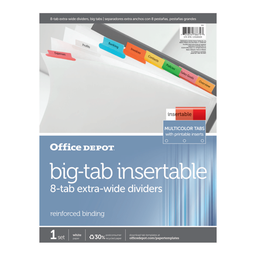 Office Depot Brand Insertable Extra-Wide Dividers With Big Tabs, Assorted Colors, 8-Tab