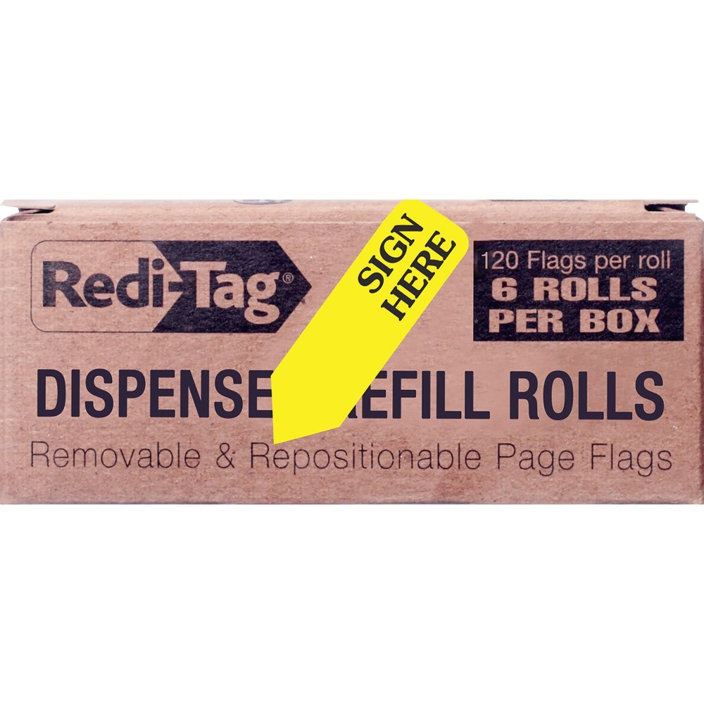 Redi-Tag Sign Here Arrow Flags Dispenser Refills - 720 x Yellow - 1.88in x 0.56in - "SIGN HERE" - Yellow - Removable, Self-adhesive - 6 / Box