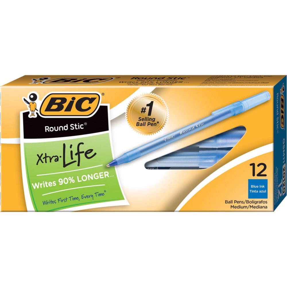 BIC Round Stic Ballpoint Pens - Medium Pen Point - Blue - Frost Barrel - 72 / Bundle