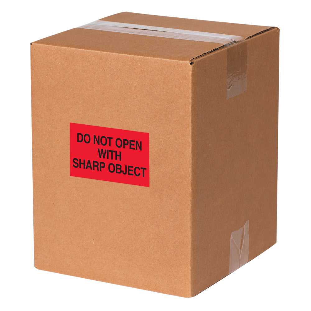 Tape Logic Safety Labels, "Do Not Open with Sharp Object", Rectangular, DL1618, 2in x 3in, Fluorescent Red, Roll Of 500 Labels