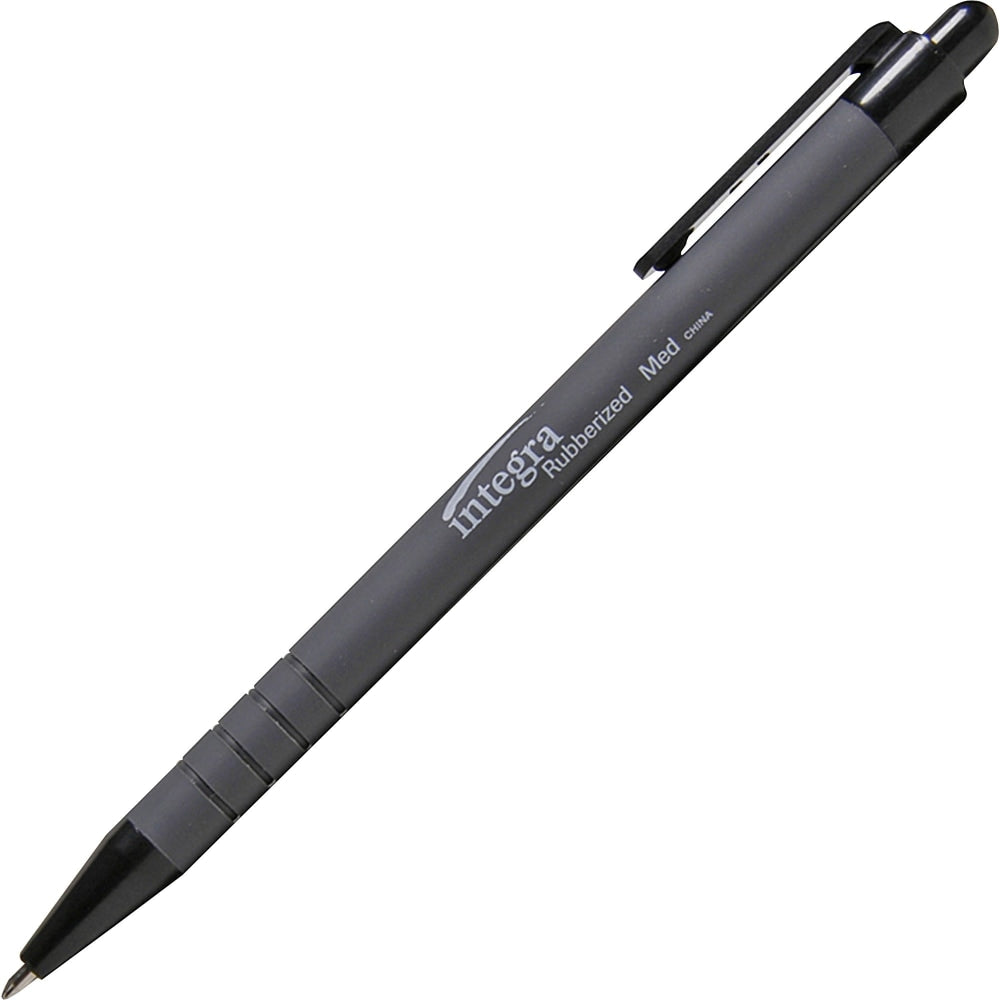 Integra Rubber Barrel Retractable Ballpoint Pens - Medium Pen Point - 1 mm Pen Point Size - Black - Rubber Barrel - 12 / Dozen