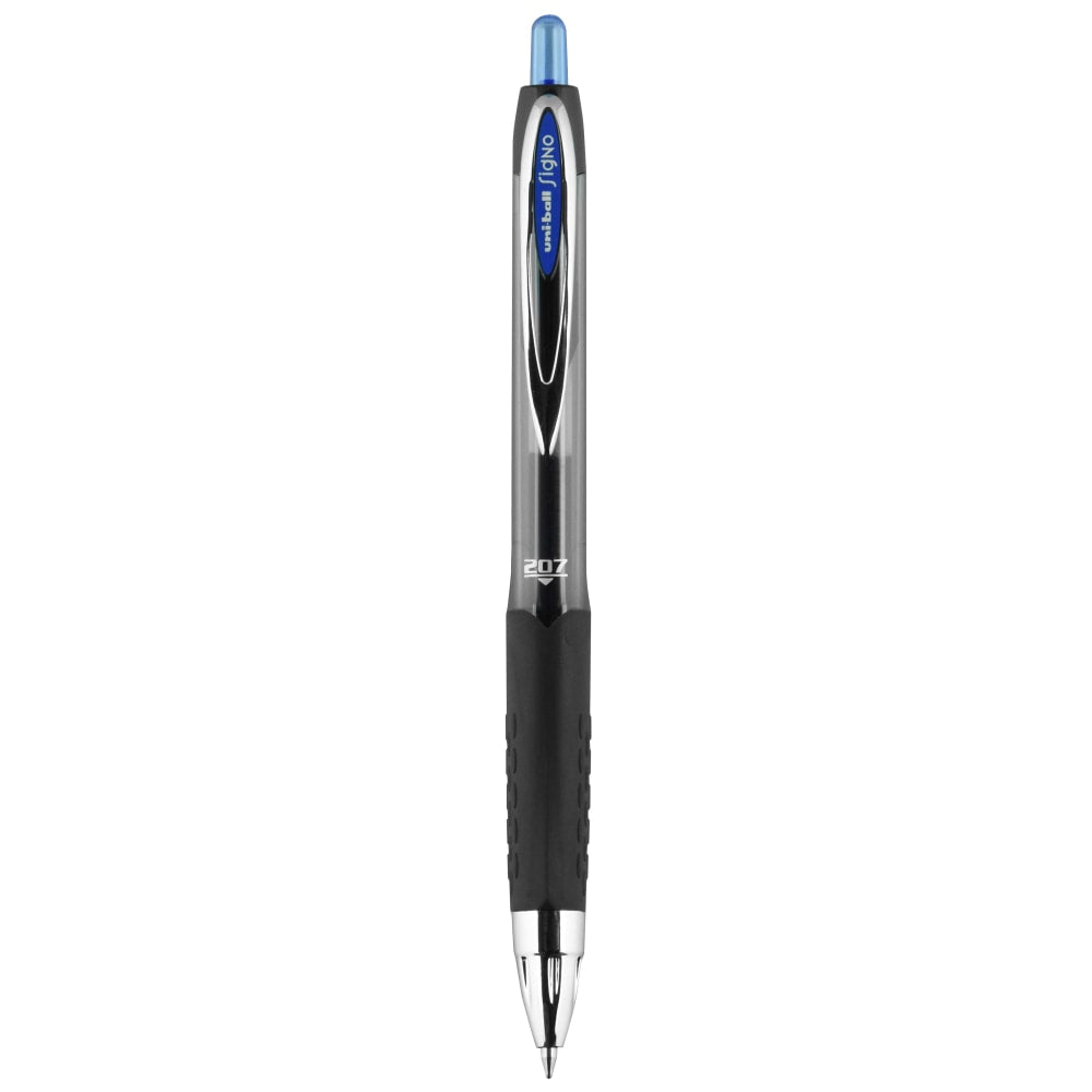 uni-ball 207 Retractable Fraud Prevention Gel Pens, Medium Point, 0.7 mm, Black Barrels, Blue Ink, Pack Of 12