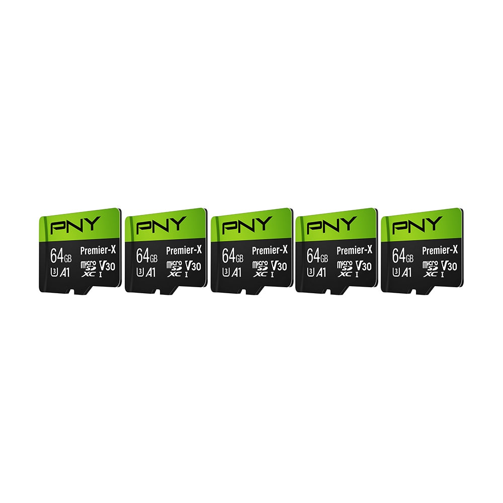 PNY Premier-X Class 10 U3 V30 microSDXC Flash Memory Cards, 64GB, Pack Of 5 Memory Cards