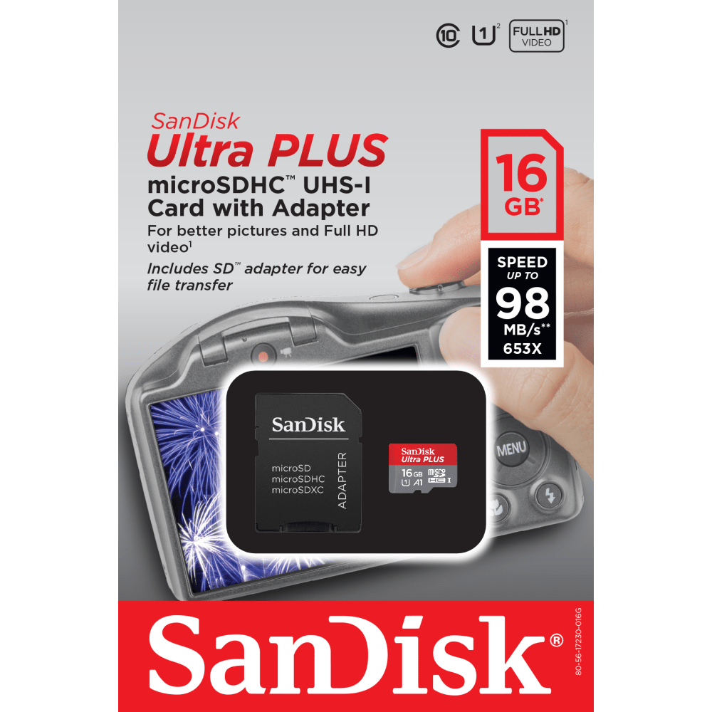 SanDisk Ultra PLUS microSDHC Memory Card, 16GB