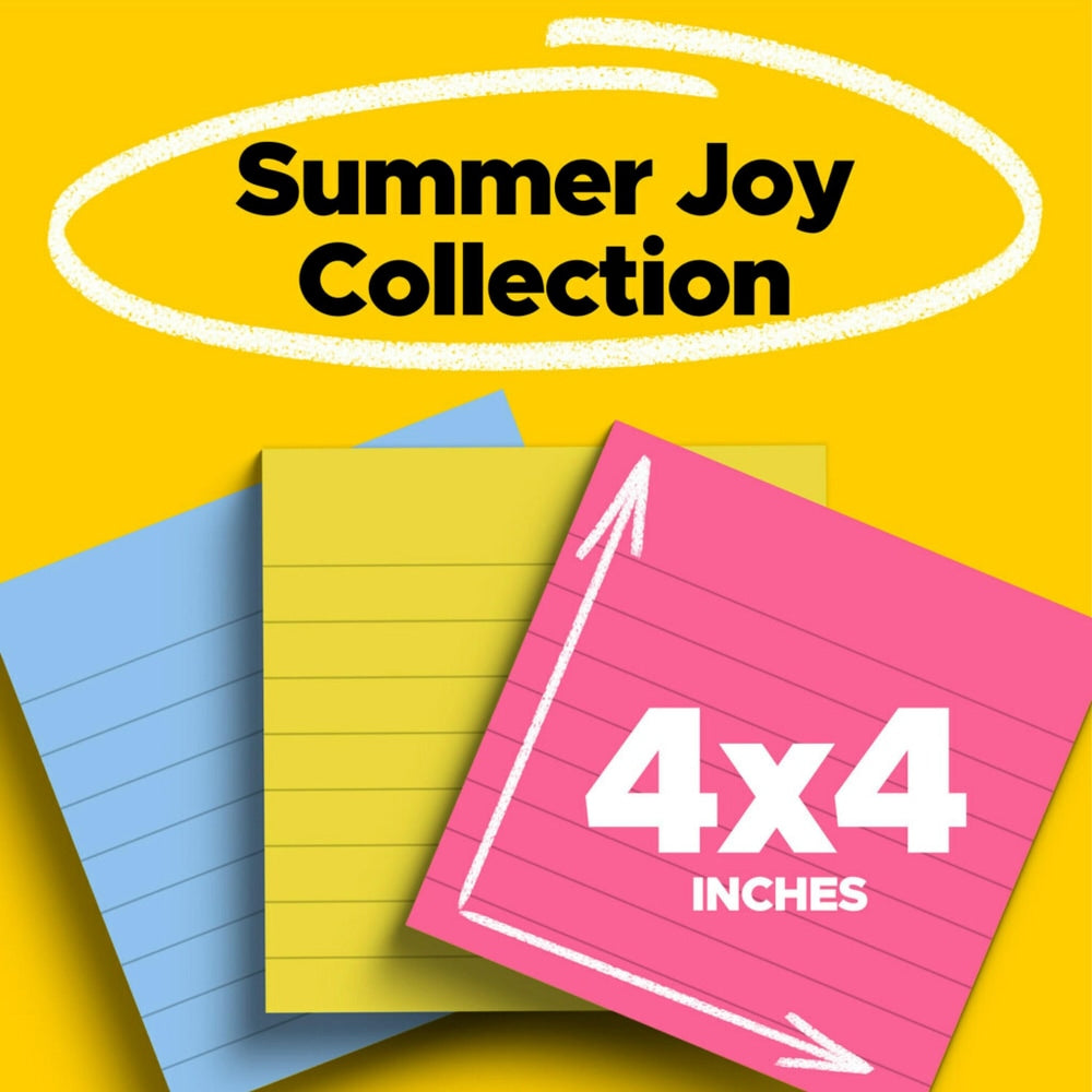 Post-it Super Sticky Notes, 4 in x 4 in, Lined, 6 pads, 90 sheets. Summer Joy Collection colors