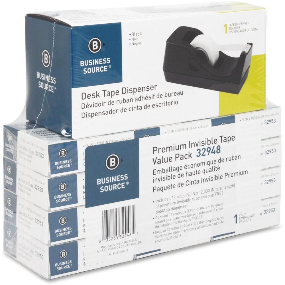 Business Source Invisible Tape Dispenser Value Pack - 27.78 yd Length x 0.75in Width - 1in Core - Acetate - Dispenser Included - Desktop Dispenser - 12 / Pack - Clear