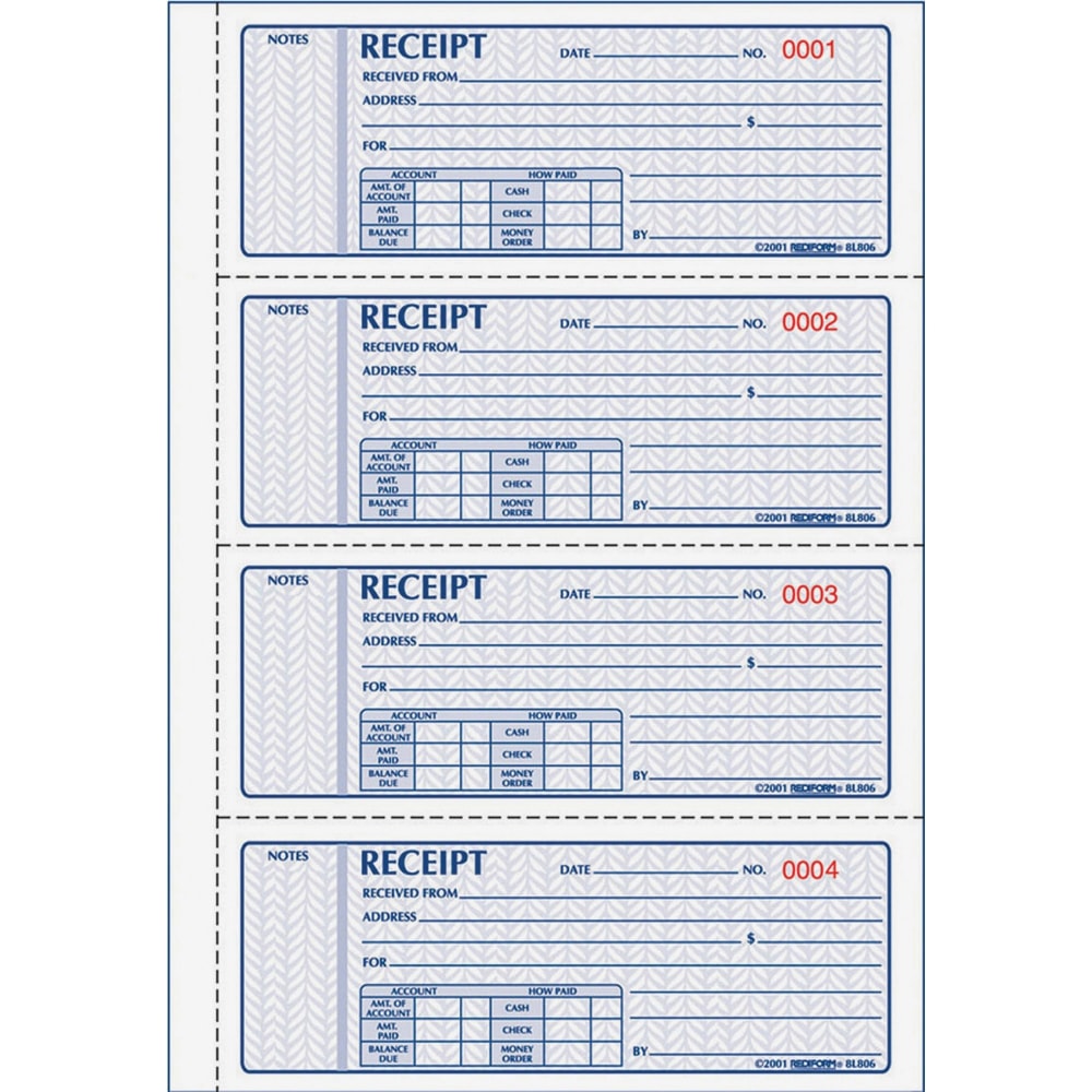 Rediform Receipt Money Collection Forms - 200 Sheet(s) - Book Bound - 2 PartCarbonless Copy - 7in x 2 3/4in Sheet Size - Assorted Sheet(s) - 1 Each