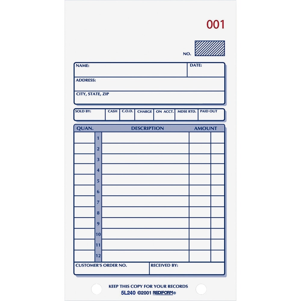 Rediform Carbonless 2-part Sales Book Forms - 50 Sheet(s) - Stapled - 2 Part - Carbonless Copy - 3 3/8in x 6 5/8in Sheet Size - 2 x Holes - Assorted Sheet(s) - Blue Print Color - 1 Each