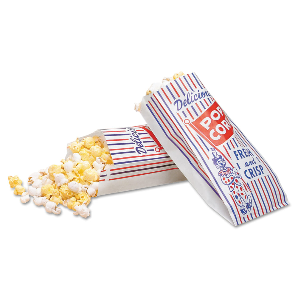 Bagcraft Pinch-Bottom Paper Popcorn Bags, 8inH x 4inW x 1 1/2inD, Blue/Red/White, Pack Of 1,000 Bags