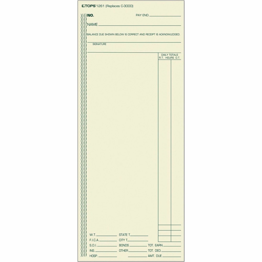 TOPS Time Cards (Replaces Original Card C3000), Weekly Time Card Form, 1-Sided, 8 1/4in x 3 3/8in, Box Of 500