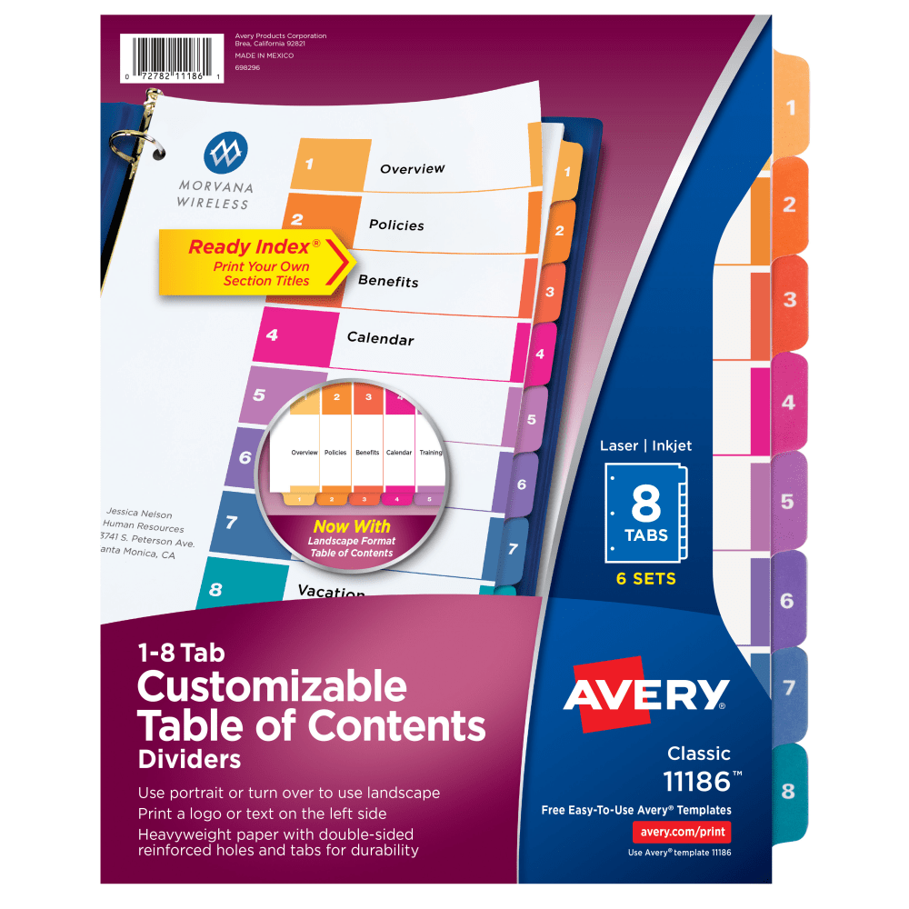 Avery Ready Index 1-8 Tab Binder Dividers With Customizable Table Of Contents, 8-1/2in x 11in, 8 Tab, White/Multicolor, Pack Of 6 Sets