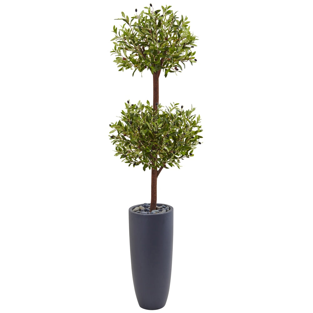 Nearly Natural 6ftH Polyester Olive Double Tree With Cylinder Planter, Green/Gray