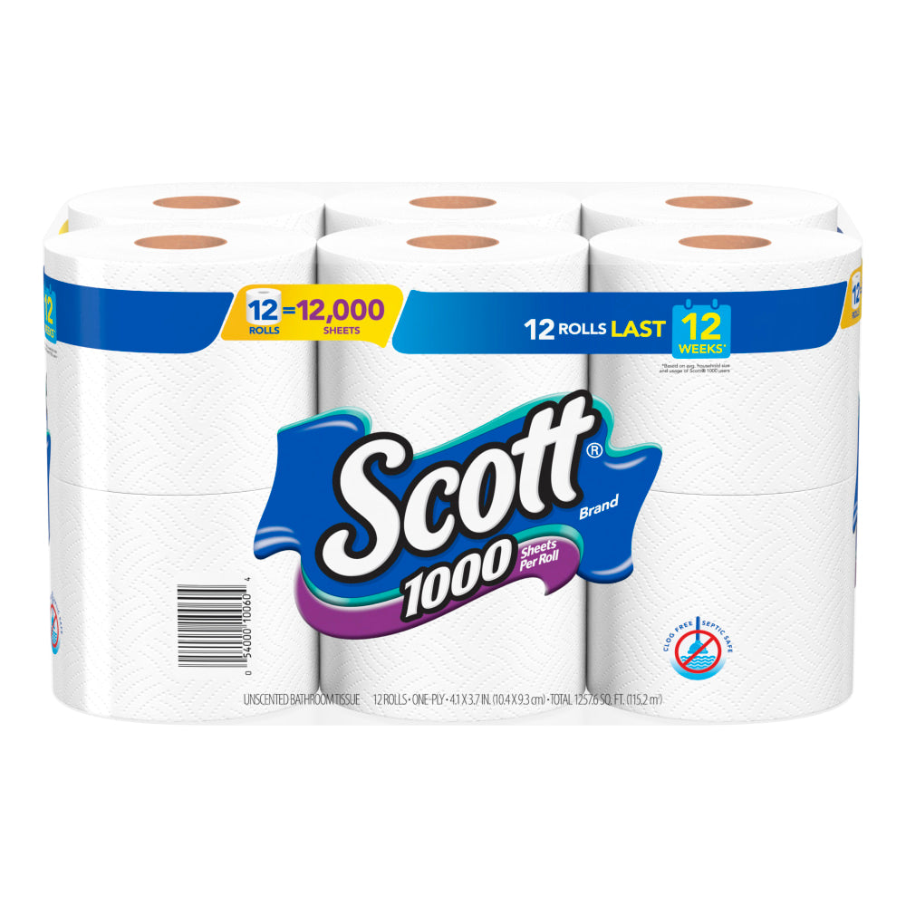 Scott 1000 Toilet Paper, 1000 Sheets Per Roll, Pack Of 12 Rolls