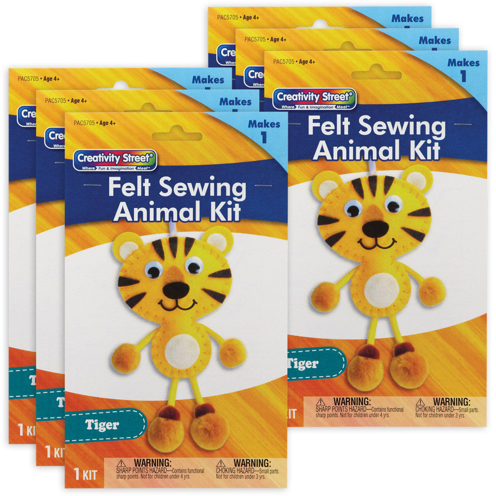 Creativity Street Felt Sewing Animal Kits, 10-3/4in x 4-1/4in x 3/4in, Tiger, Set Of 6 Kits