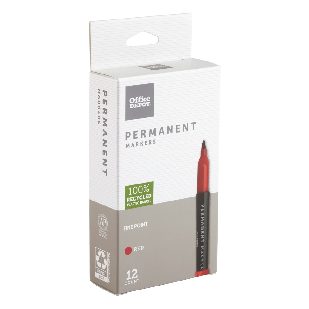 Office Depot Brand Permanent Markers, Fine Point, 100% Recycled Plastic Barrel, Red Ink, Pack Of 12