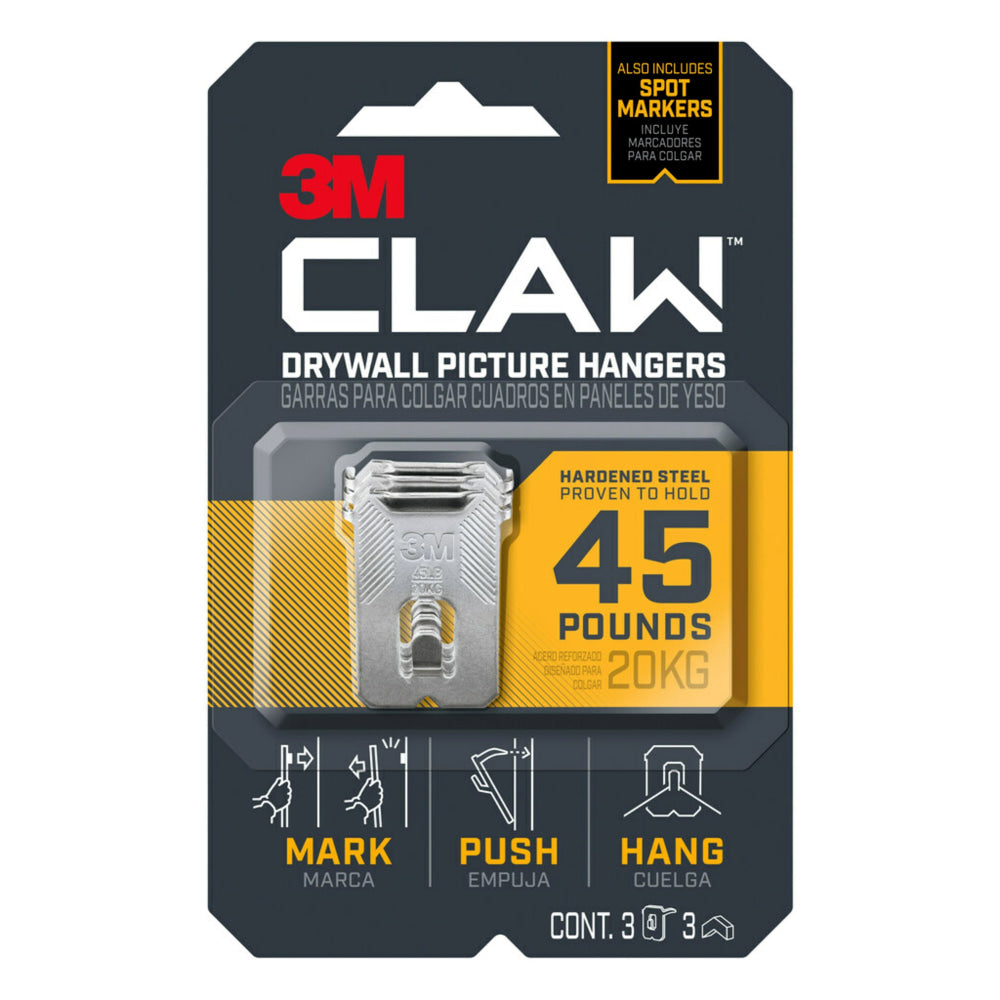 3M CLAW Drywall Picture Hanger 45-lb Capacity, Pack of 3 Hangers, 3 Spot Markers