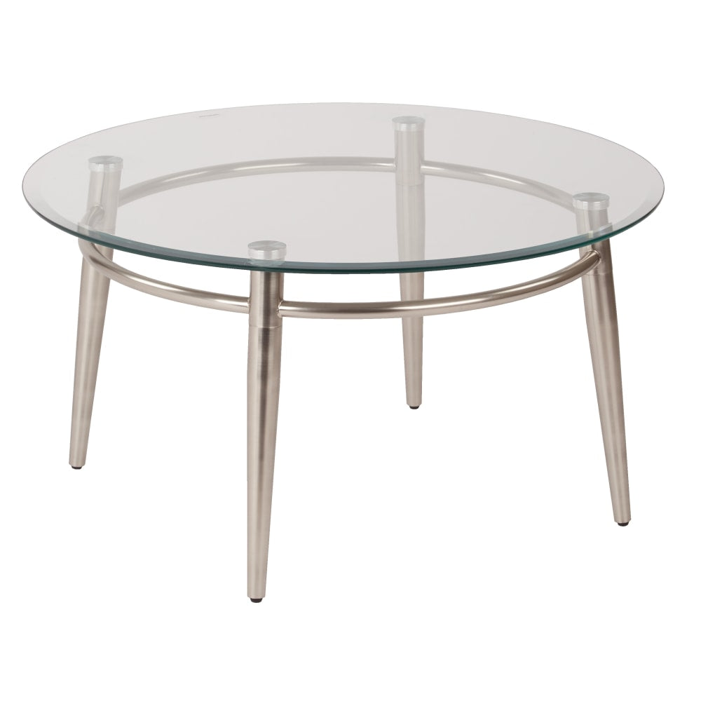 Ave Six Brooklyn Glass-Top Table With Metal Frame, Round Coffee Table, 16inH, Clear/Brushed Nickel