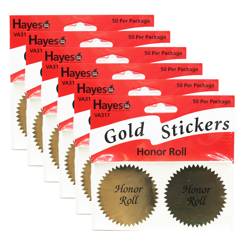 Hayes Publishing Gold Certificate Seals, 2in, Honor Roll, 50 Seals Per Pack, Set Of 6 Packs