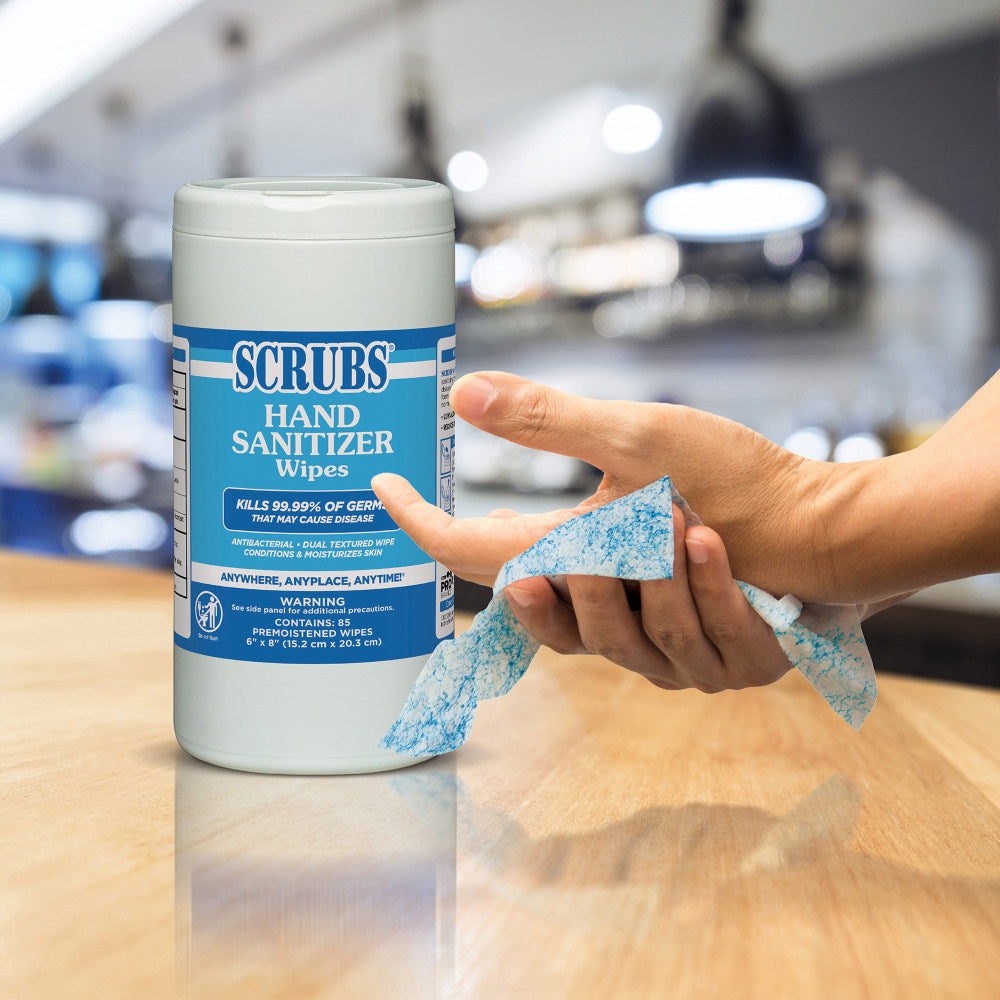 SCRUBS Hand Sanitizer Wipes - Blue, White - Abrasive, Non-scratching, Textured, Anti-bacterial - For Hand - 85 Per Canister - 6 / Carton