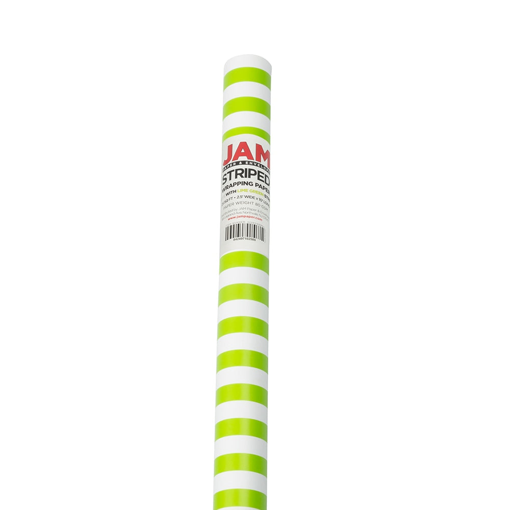 JAM Paper Wrapping Paper, Stripe, 25 Sq Ft, Lime Green/White