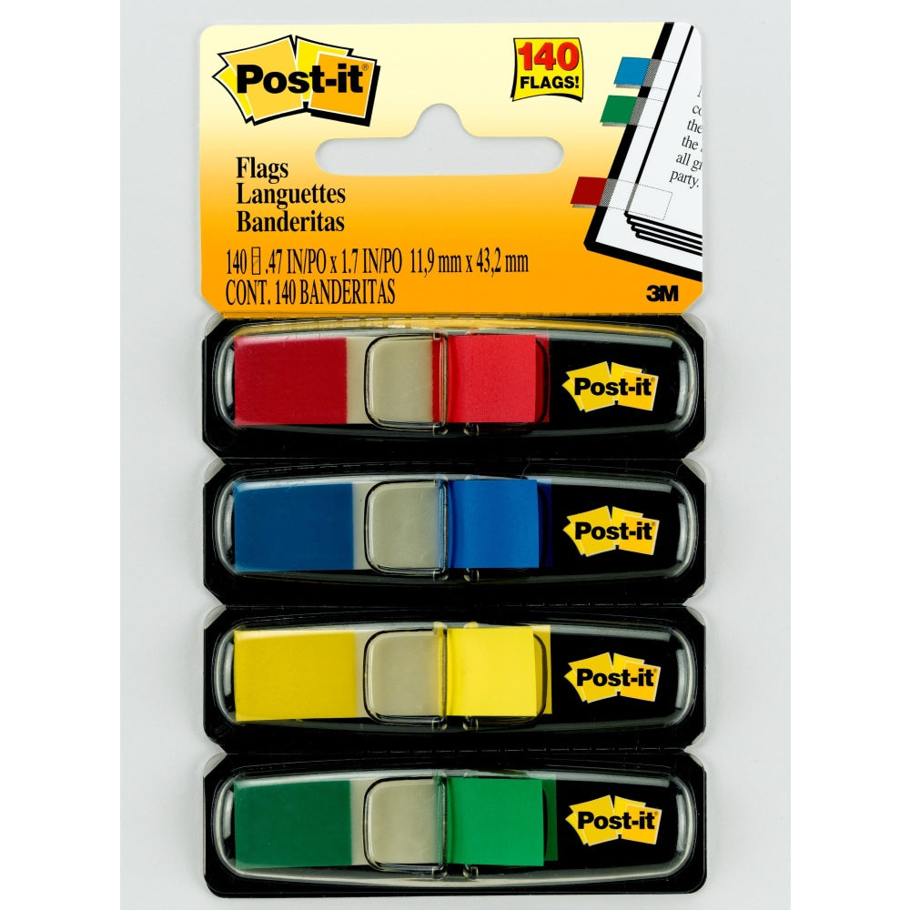 Post-it Notes Flags, 3/8in x 1-7/10in, Assorted Standard Colors, 35 Flags Per Dispenser, Pack Of 4 Dispensers