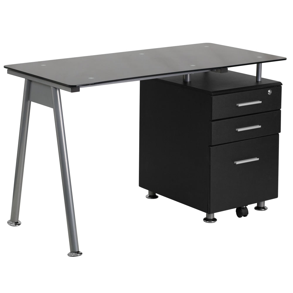 Flash Furniture 48inW Glass Computer Desk With 3- Drawer Pedestal, Black/Clear