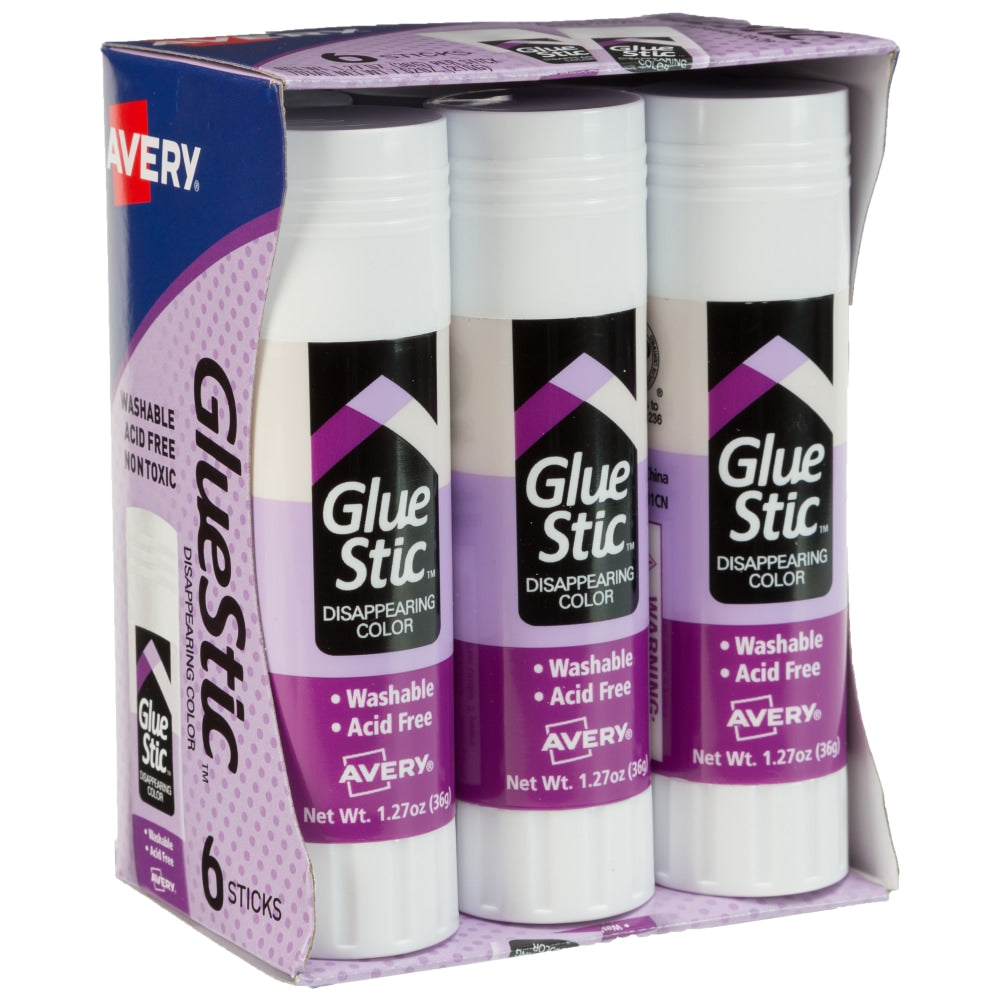 Avery Glue Stic Disappearing Purple Glue Sticks, 1.27 Oz., Pack Of 6