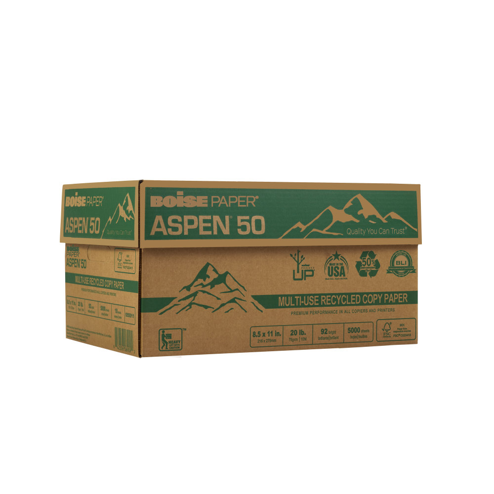 Boise ASPEN 50 Multi-Use Printer & Copy Paper, White, Letter (8.5in x 11in), 5000 Sheets Per Case, 20 Lb, 92 Brightness, 50% Recycled, FSC Certified, Case Of 10 Reams