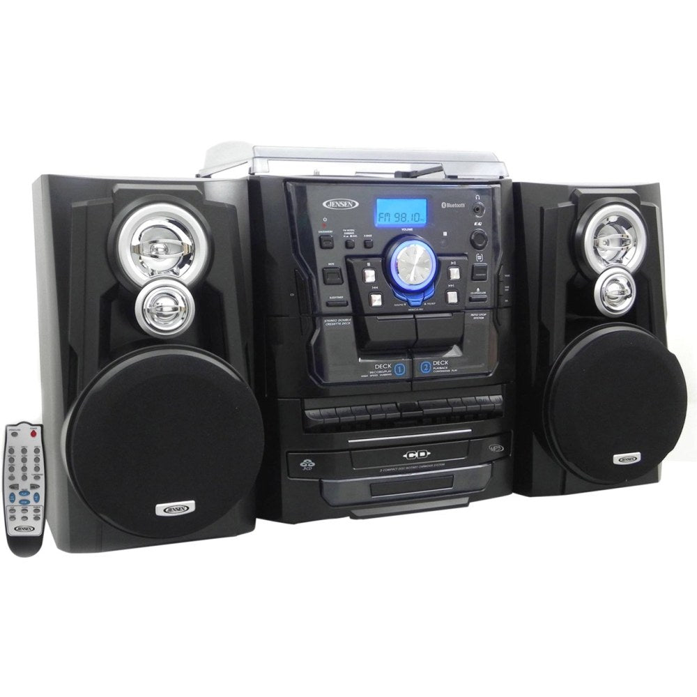 JENSEN JMC-1250 Mini Hi-Fi System - 10 W RMS - iPod Supported - Black - CD Player, Turntable - 3 Disc(s) - AM, FM - 20 x AM - 20 x FM - 2 Speaker(s) - CD-DA, MP3 - Remote Control