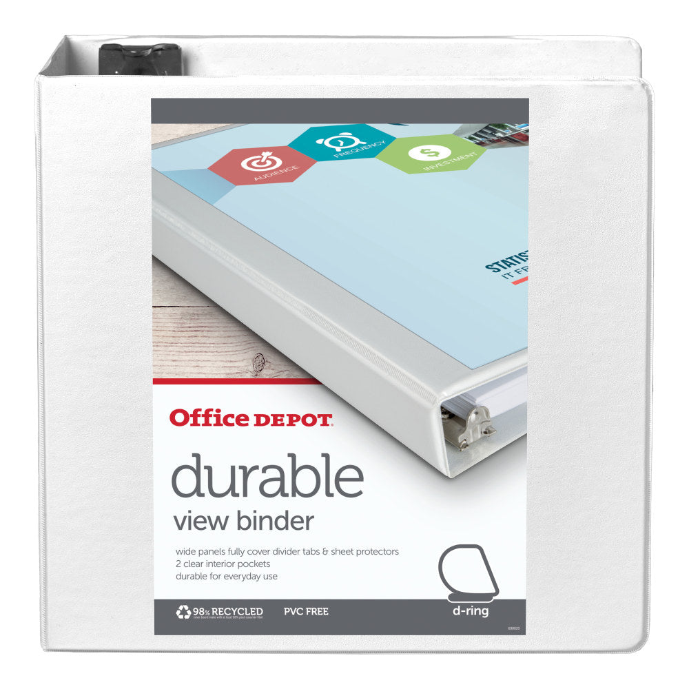 Office Depot Brand Durable View 3-Ring Binder, 4in Slant Rings, White