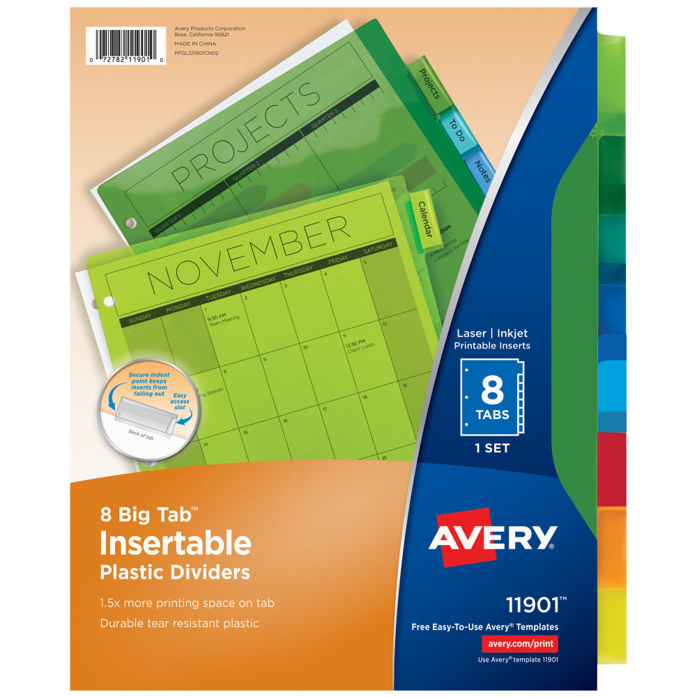 Avery Dividers for 3 Ring Binders, 8-Tab Binder Dividers, Plastic Binder Dividers, Insertable Big Tab, Multicolor, 1 Set (11901)