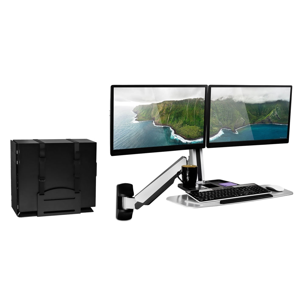 Mount-It! MI-7906 36inW Sit-Stand Dual-Monitor Wall-Mount Workstation With Articulating Keyboard Tray Arm And CPU Holder, Silver