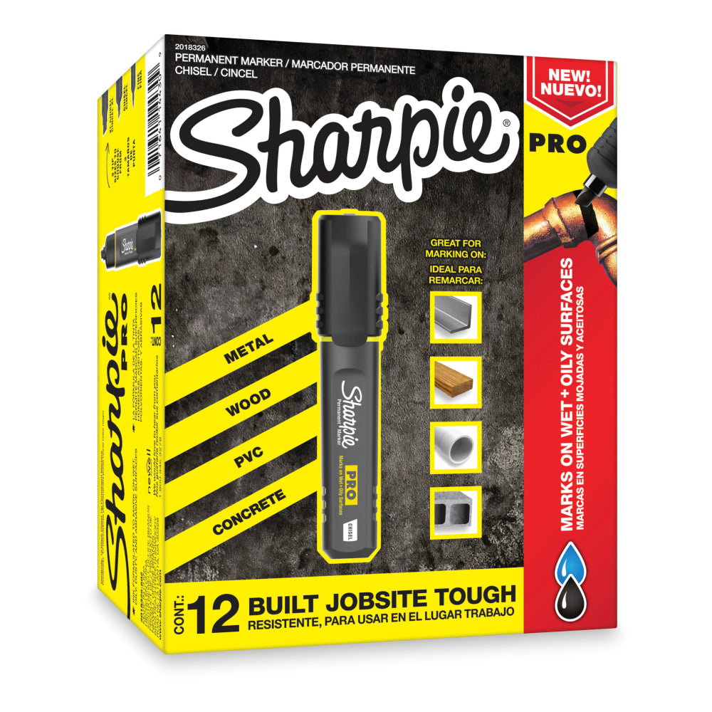 Sharpie PRO Permanent Markers, Chisel Tip, Medium Point, Black/Gray Barrel, Black Ink, Pack Of 12 Markers