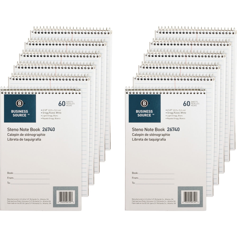 Business Source Steno Notebook - 60 Sheets - Wire Bound - Gregg Ruled Margin - 15 lb Basis Weight - 6in x 9in - White Paper - Stiff-back - 12 / Pack