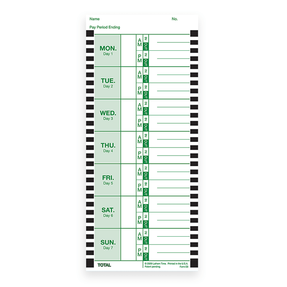 Lathem Time Cards, E8-100, Weekly, 1-Sided, 8 1/2in x 3 3/4in, White, Box Of 100