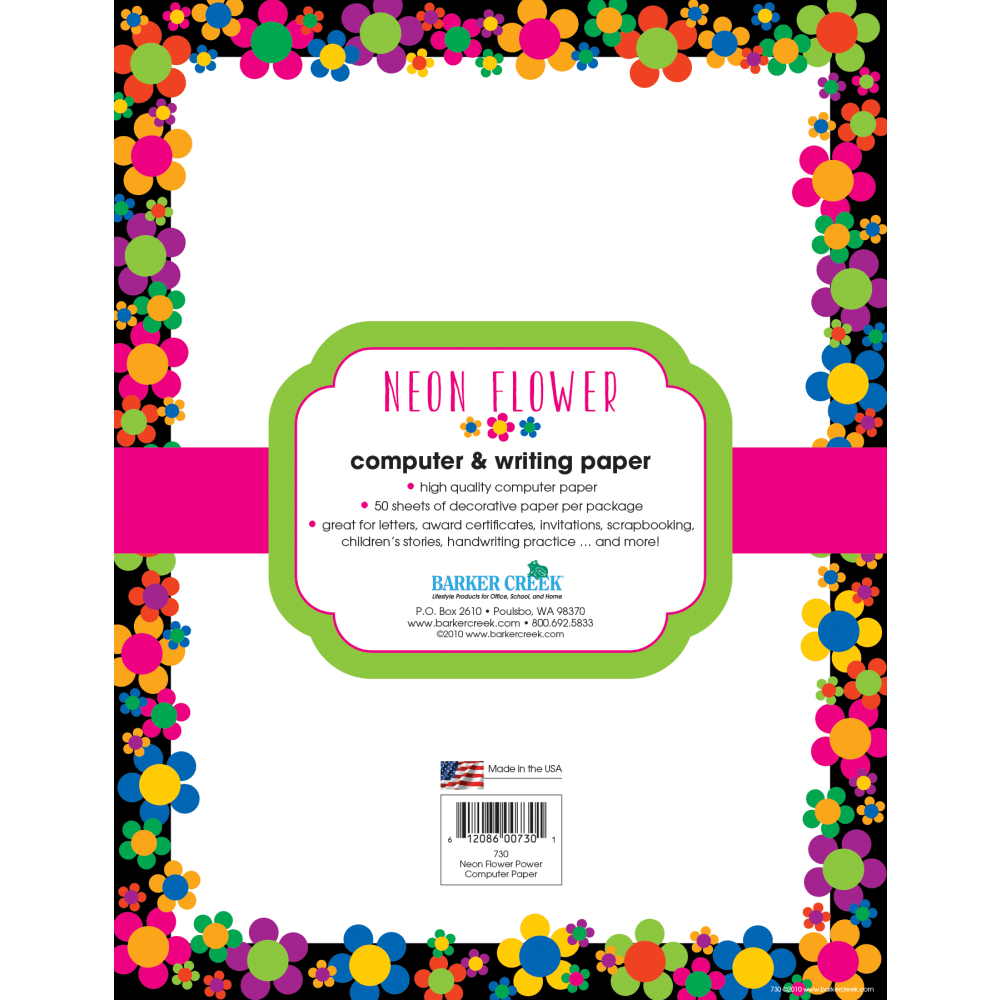 Barker Creek Computer Paper, 8 1/2in x 11in, Neon Flower Power, Pack Of 50 Sheets