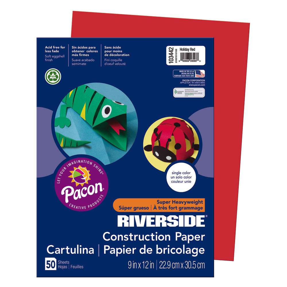 Riverside Groundwood Construction Paper, 100% Recycled, 9in x 12in, Holiday Red, Pack Of 50