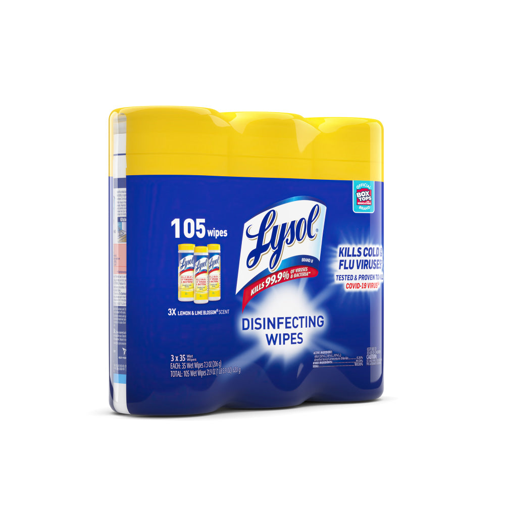 Lysol Disinfecting Wipes, Lemon & Lime Blossom Scent, 7in x 8in, 35 Wipes Per Canister, Case Of 3 Canisters