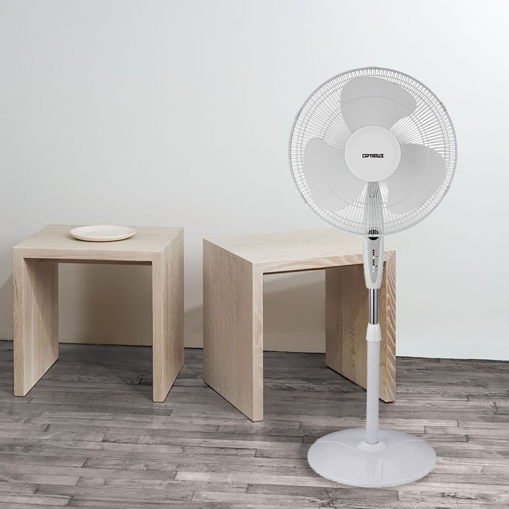 Optimus 16in Adjustable Oscillating Stand Fan With Remote Control, White