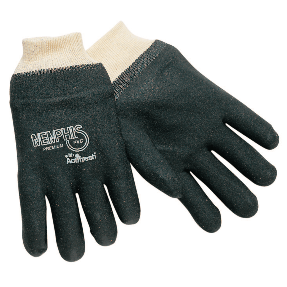 Memphis Glove Premium Double-Dipped PVC Gloves, One Size, Black, Pack Of 12 Pairs