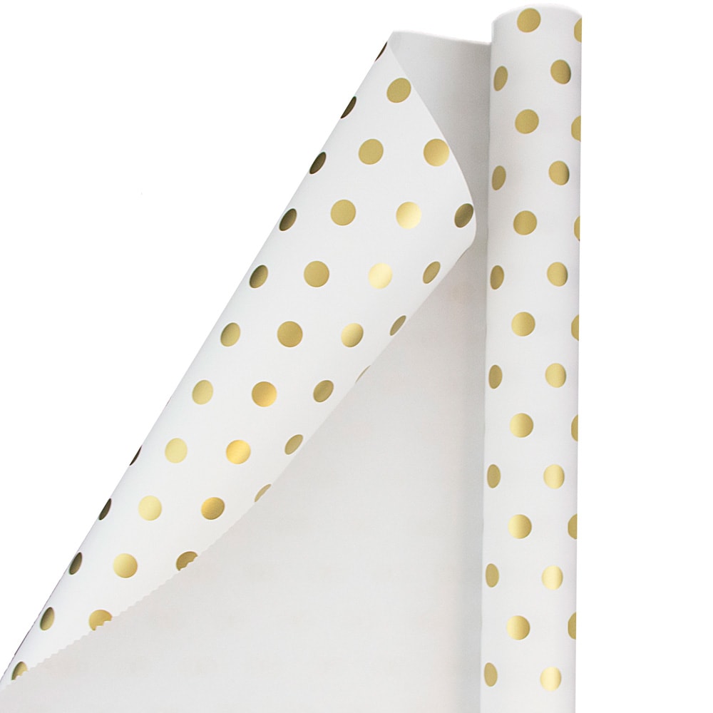 JAM Paper Wrapping Paper, 25 Sq Ft, Polka Dot, White & Gold